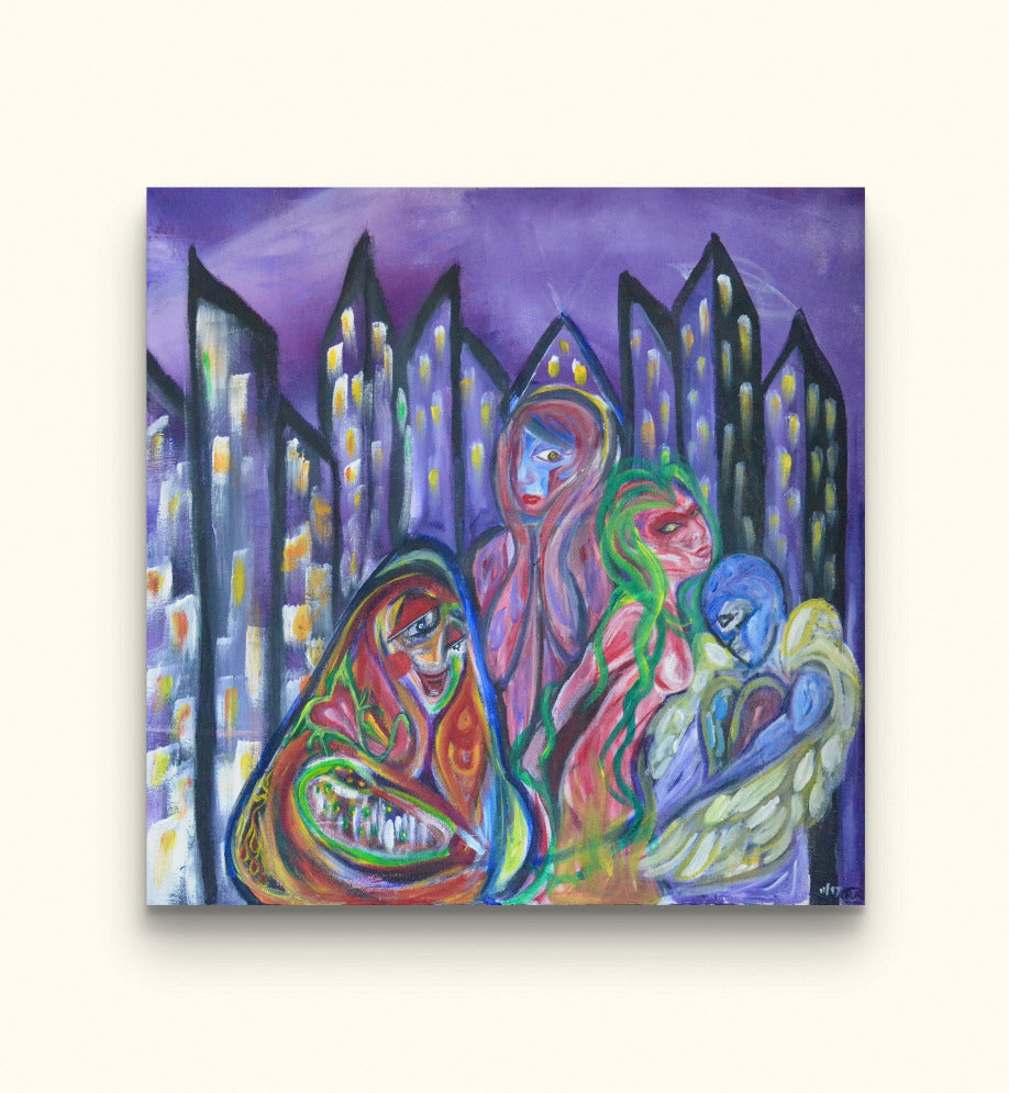 Purple painting of four figures and city skyline on beige wall.