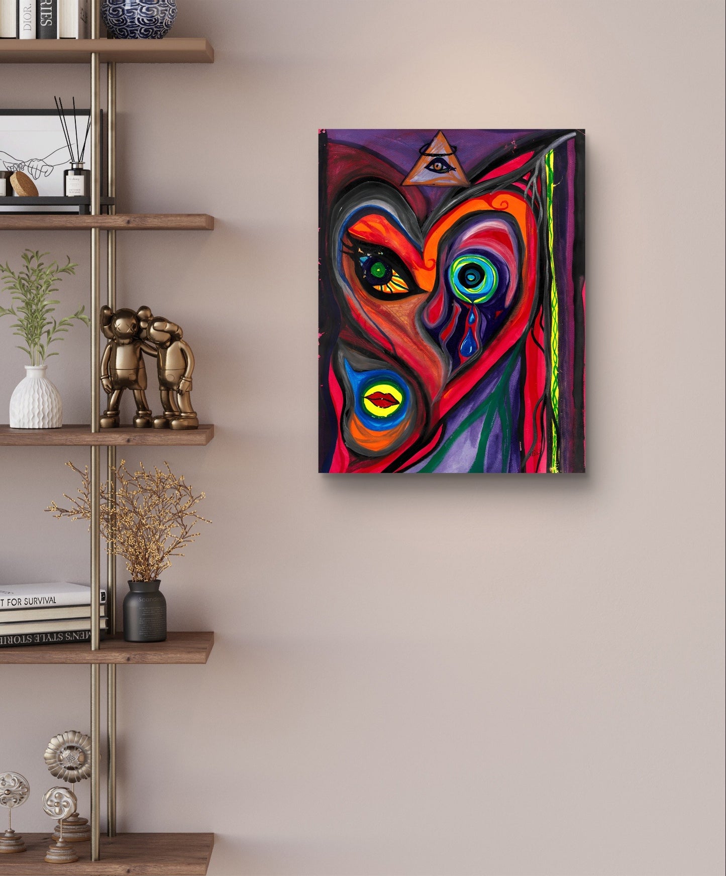 Distorted face painting on pink wall next to shelf.