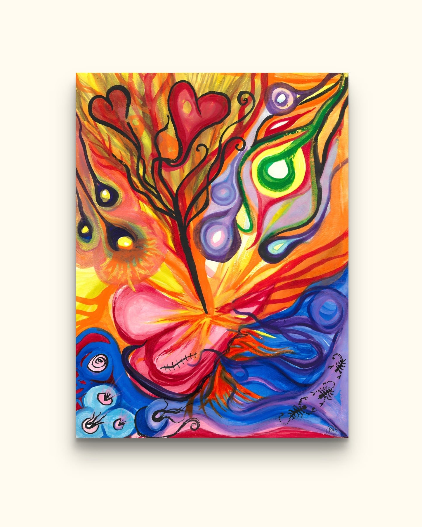 Colorful painting of hearts and orbs on beige wall.