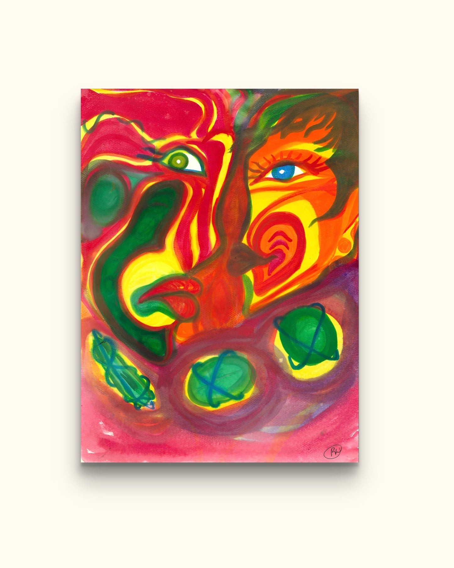 Painting of two faces and energy orbs on beige wall.