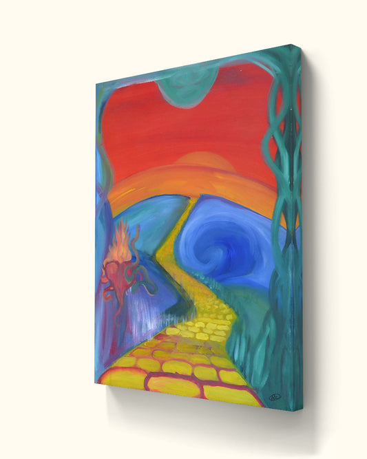 Angled view of sunset ocean painting on beige wall.