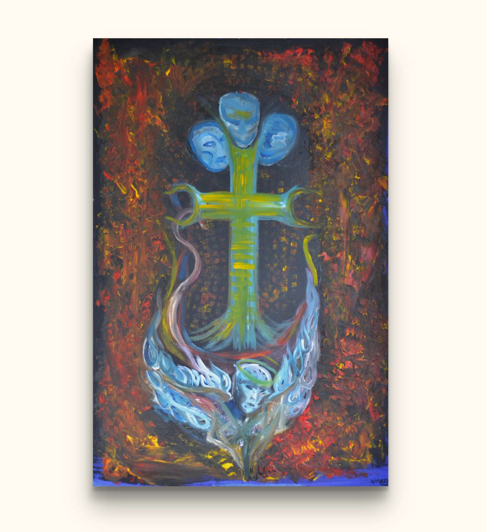 Ocean themed anchor painting on beige wall.