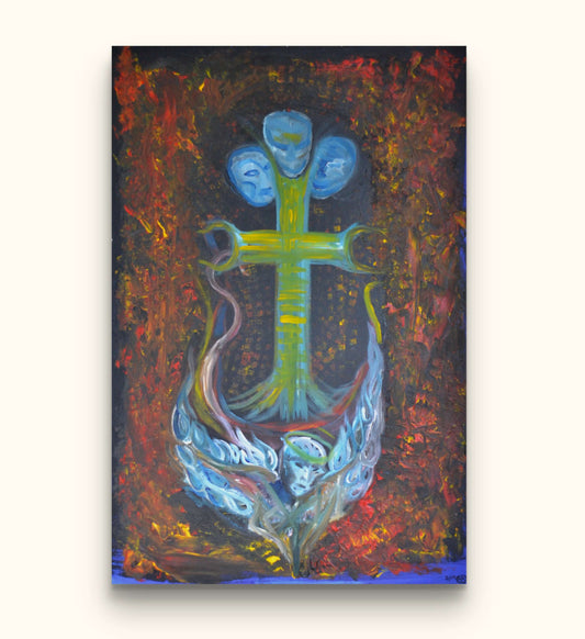 Ocean themed anchor painting on beige wall.