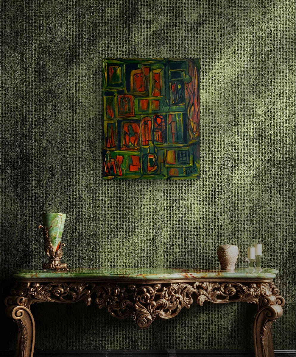 Green and orange painting on striped green wall above emerald table and chalice. 