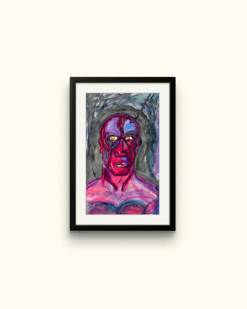 Black framed painting of pink man on beige wall.