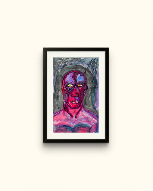 Black framed painting of pink man on beige wall.