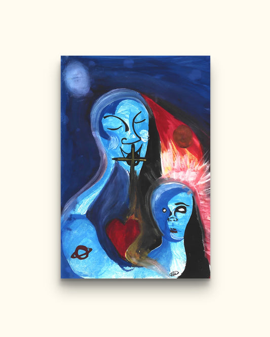 Painting of two blue souls and a heart on beige wall.