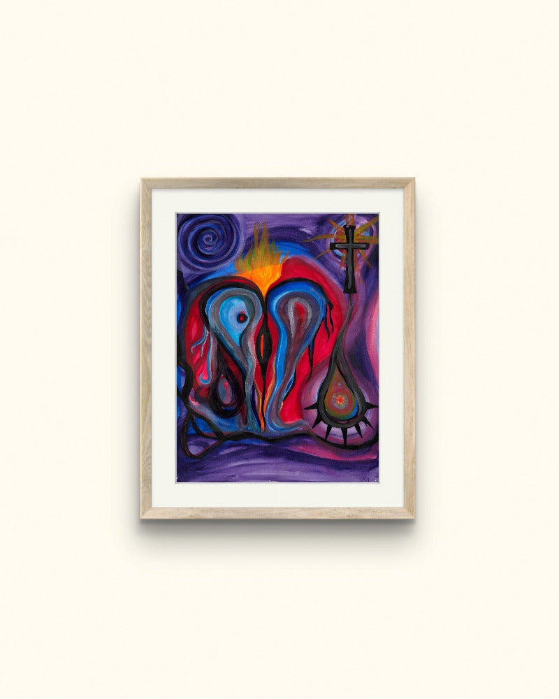 Wooden framed ice heart painting on beige wall.