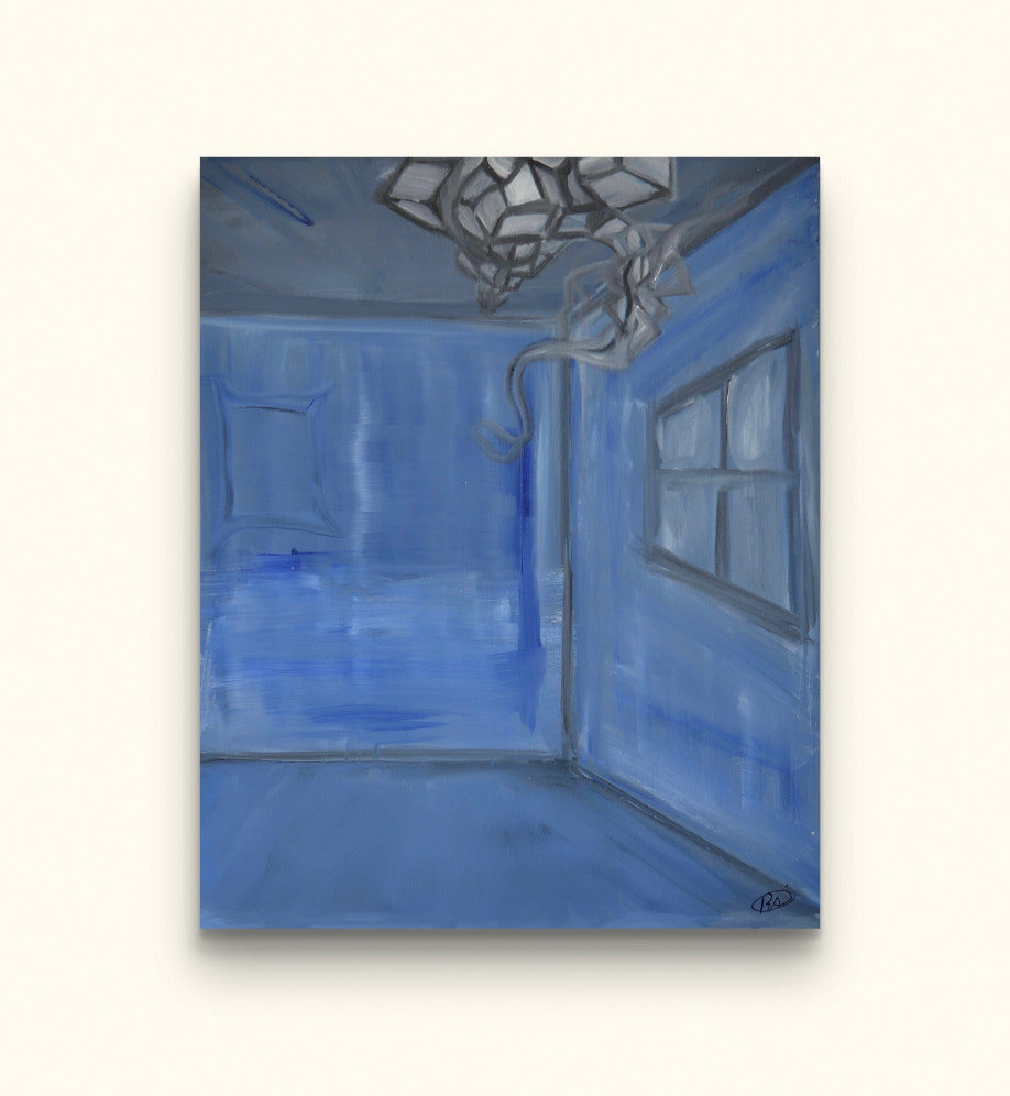 Painting of blue room and grey entity on beige wall.