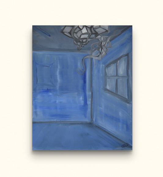 Painting of blue room and grey entity on beige wall.