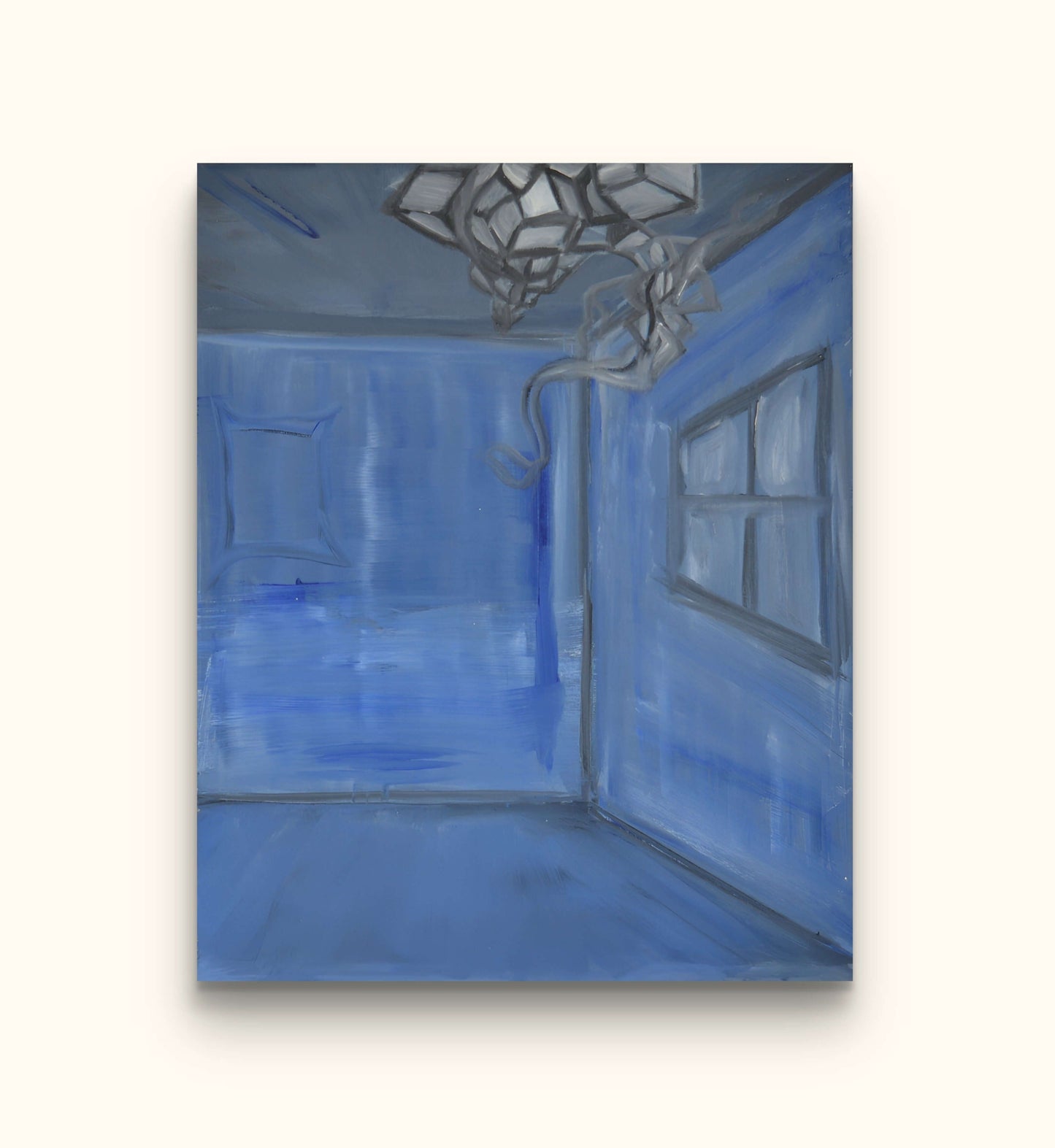 Blue painting of room and grey entity on beige wall.