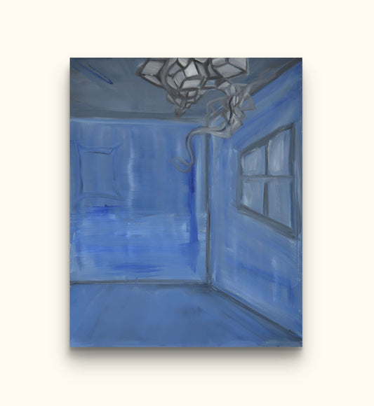 Blue painting of room and grey entity on beige wall.