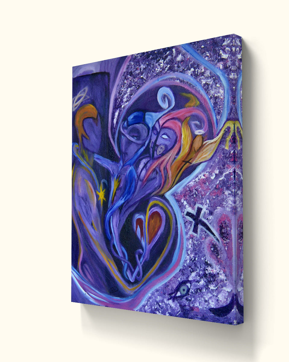 Angled view of purple painting with loving souls and hearts.