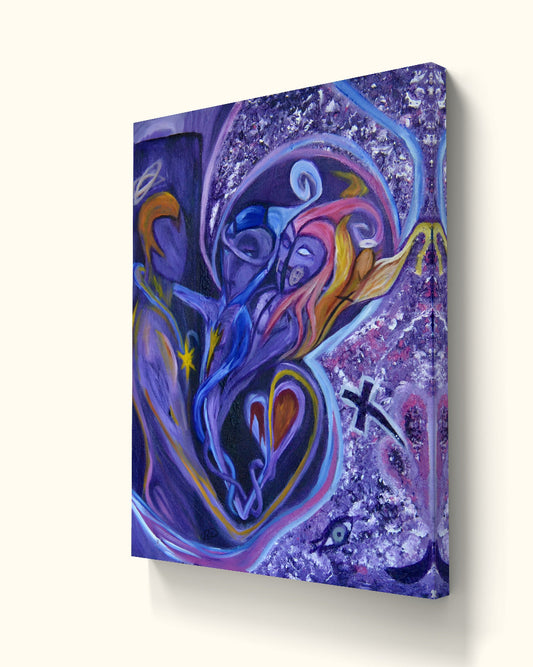 Angled view of purple painting with loving souls and hearts.