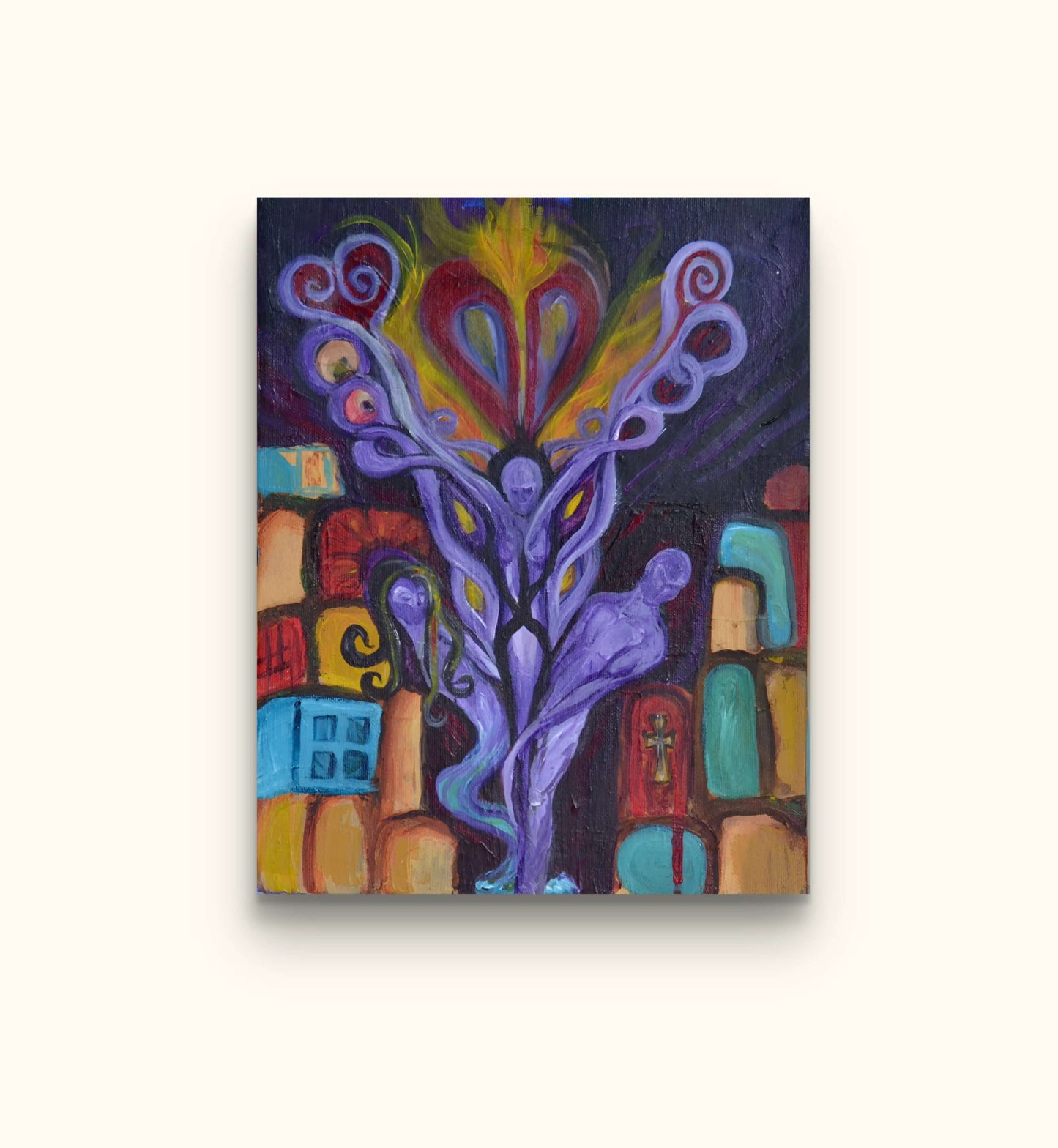 Purple souls painting on beige wall.