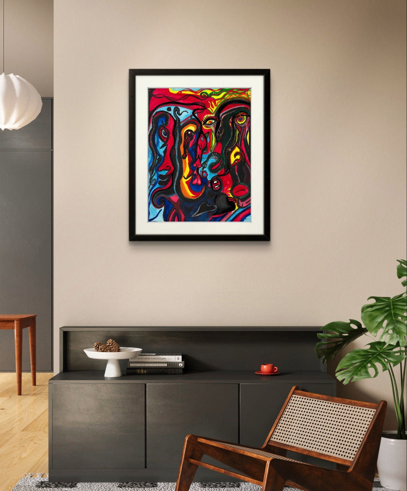 Black framed painting on off-white wall above black dresser and plant.