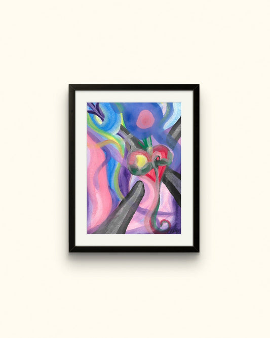 Black framed heart tether painting on beige wall.