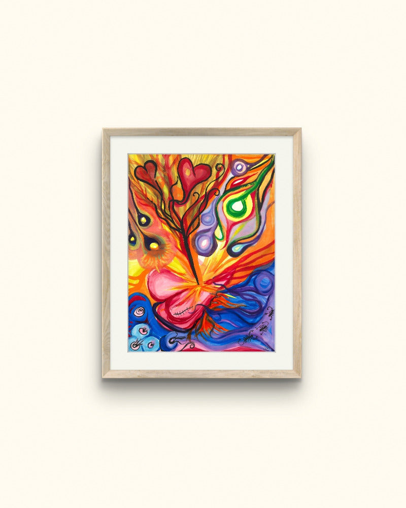 Wooden framed colorful orb painting on beige wall.