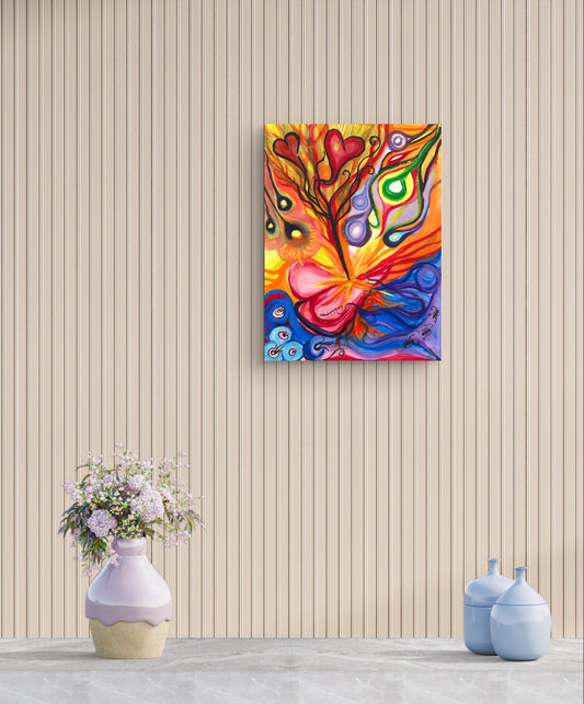 Colorful orb painting on beige striped wall behind flowers.
