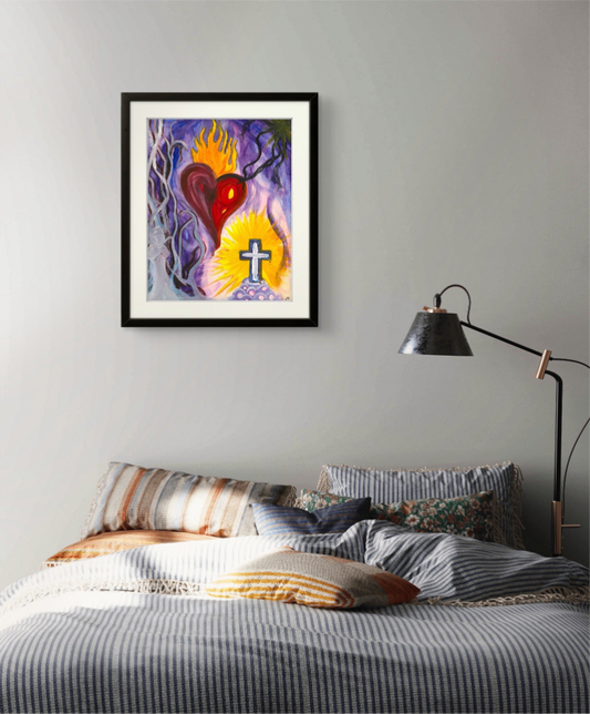 Purple framed painting on grey wall above striped bed.