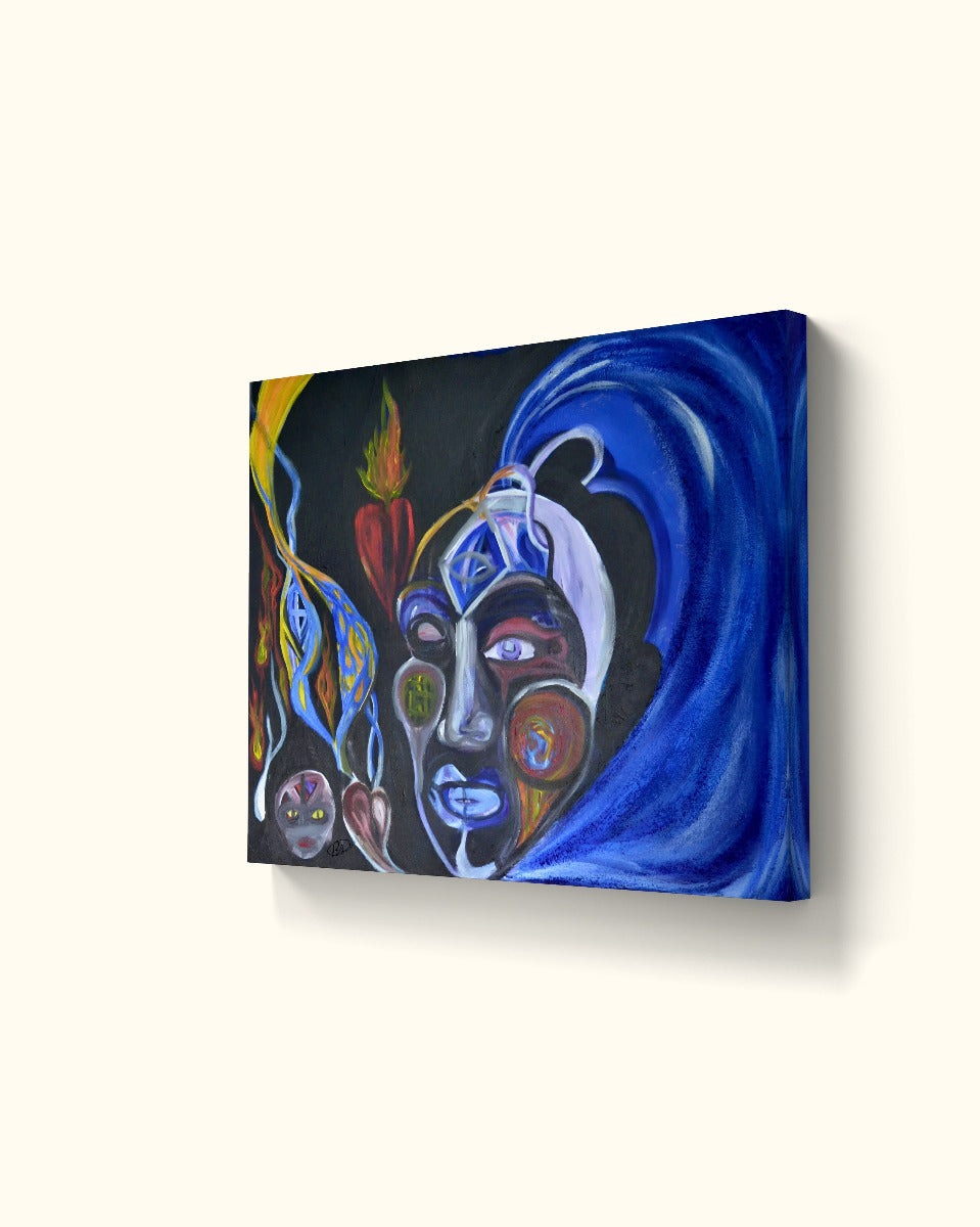 Angled view of mystical genie painting on beige wall.