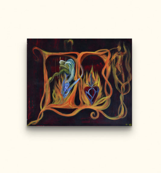 Painting of three souls and orange essence on beige wall.