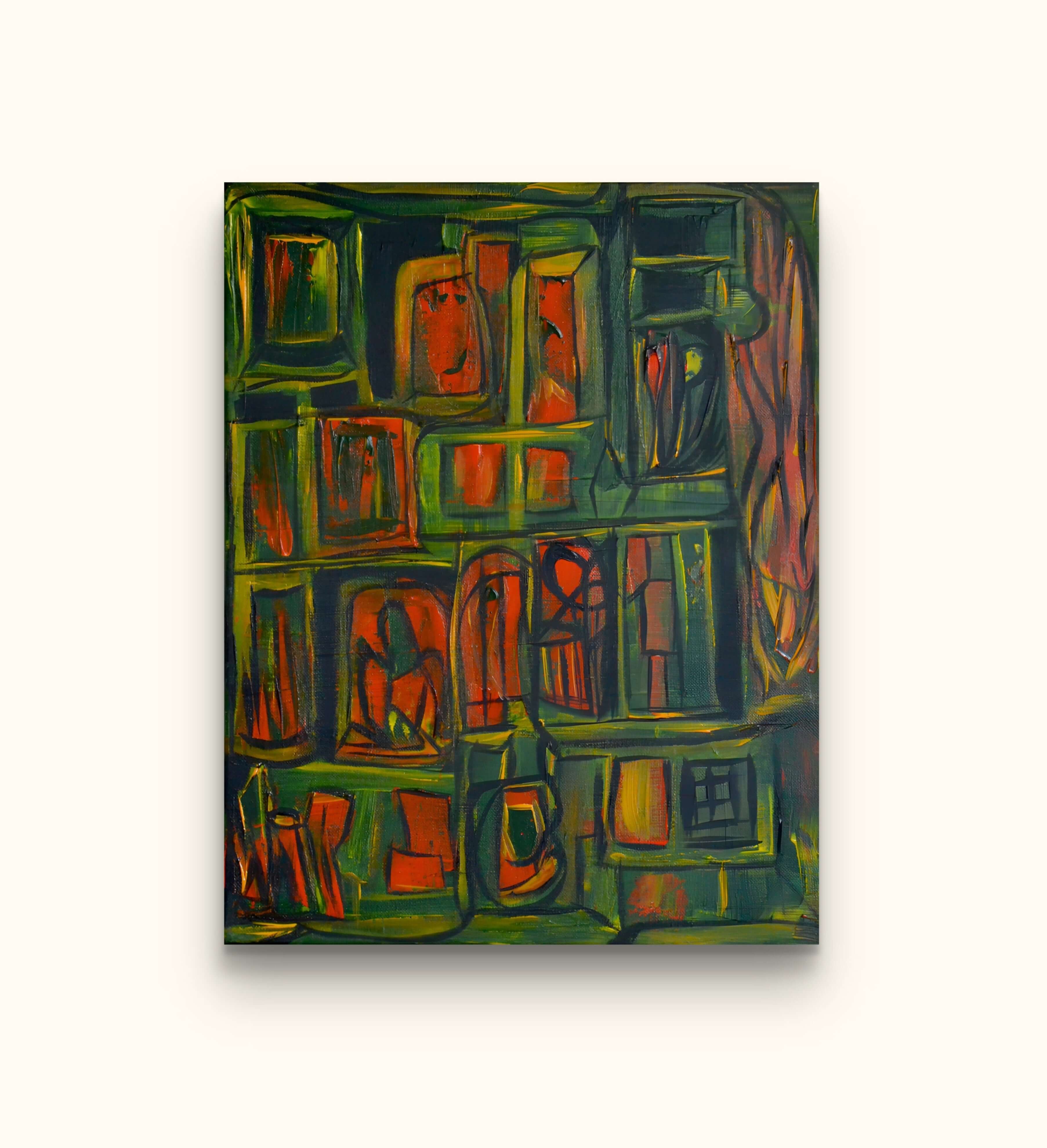 Orange and green painting of rooms and lion on beige wall.
