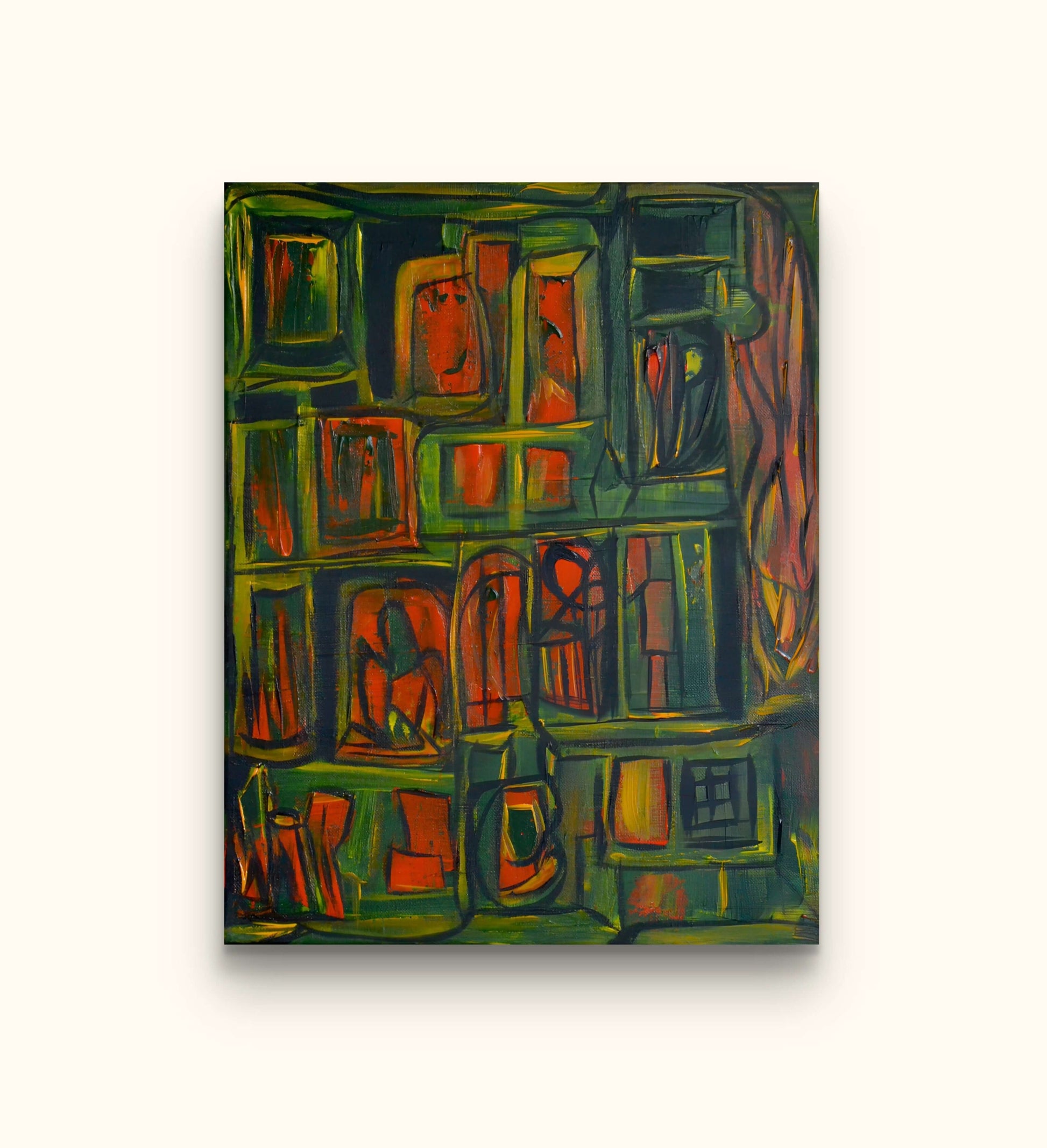 Orange and green painting of rooms and lion on beige wall.