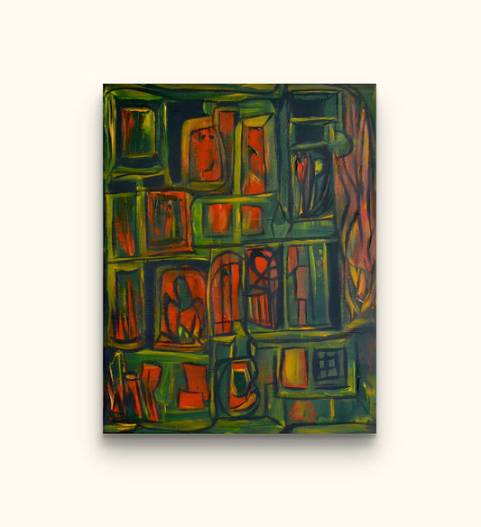 Orange and green painting of rooms and lion on beige wall.