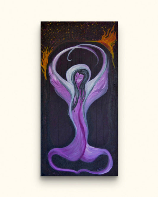 Purple painting of flowing woman figure on beige wall.