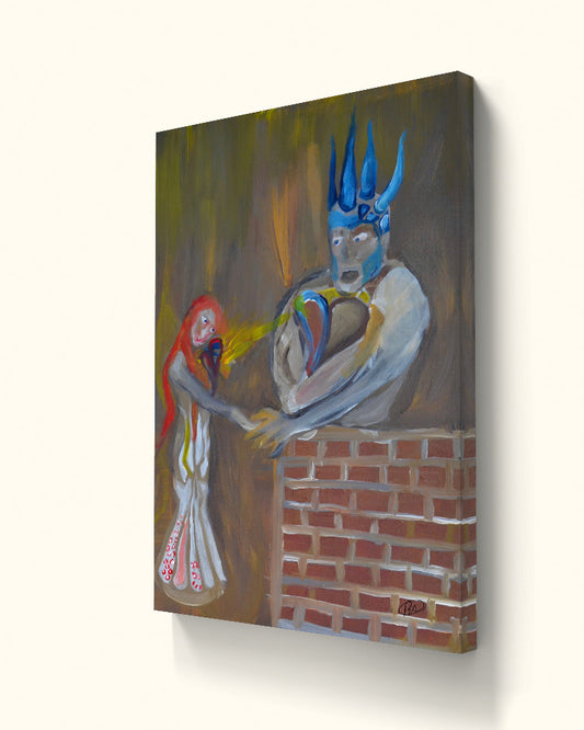 Painting of two figures on beige wall.