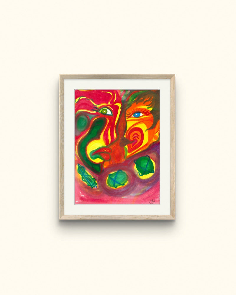 Wooden framed orange painting on beige wall.