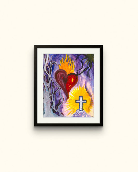 Purple heart painting in black frame on beige wall.
