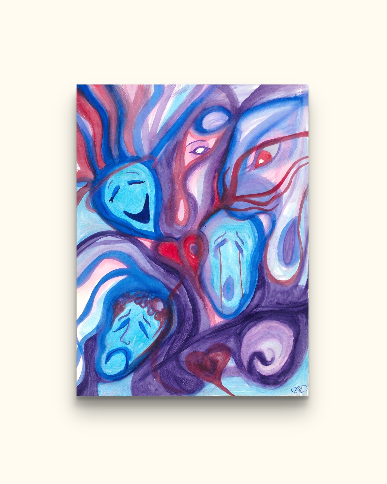 Painting of several emotion-filled faces on beige wall.