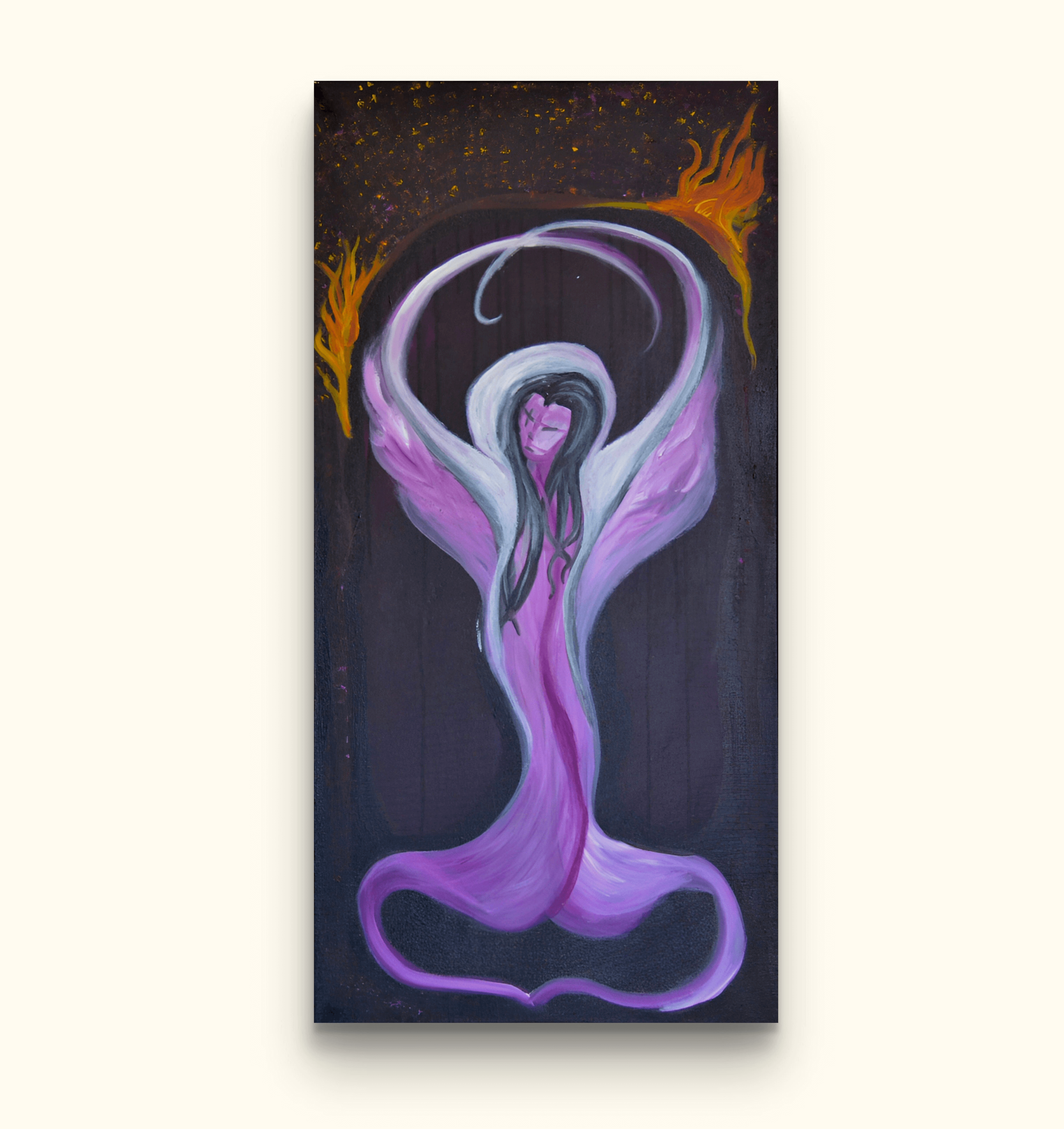 Purple painting of woman on canvas on beige wall.