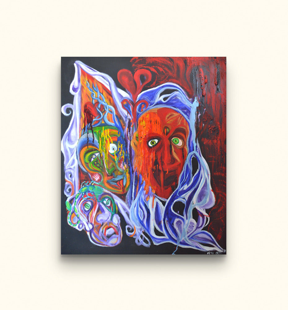 Red acrylic painting of three distorted faces on beige wall.
