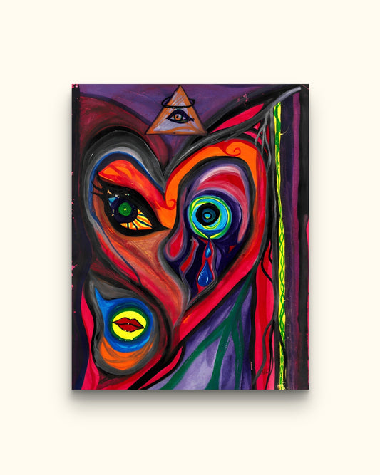 Painting of woman face with 2 different distorted eyes on beige wall.