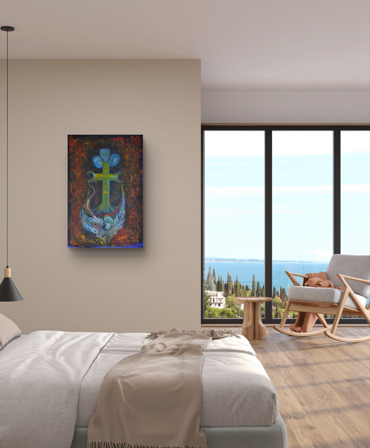 Nautical painting on beige wall of bedroom next to a window with an ocean view.