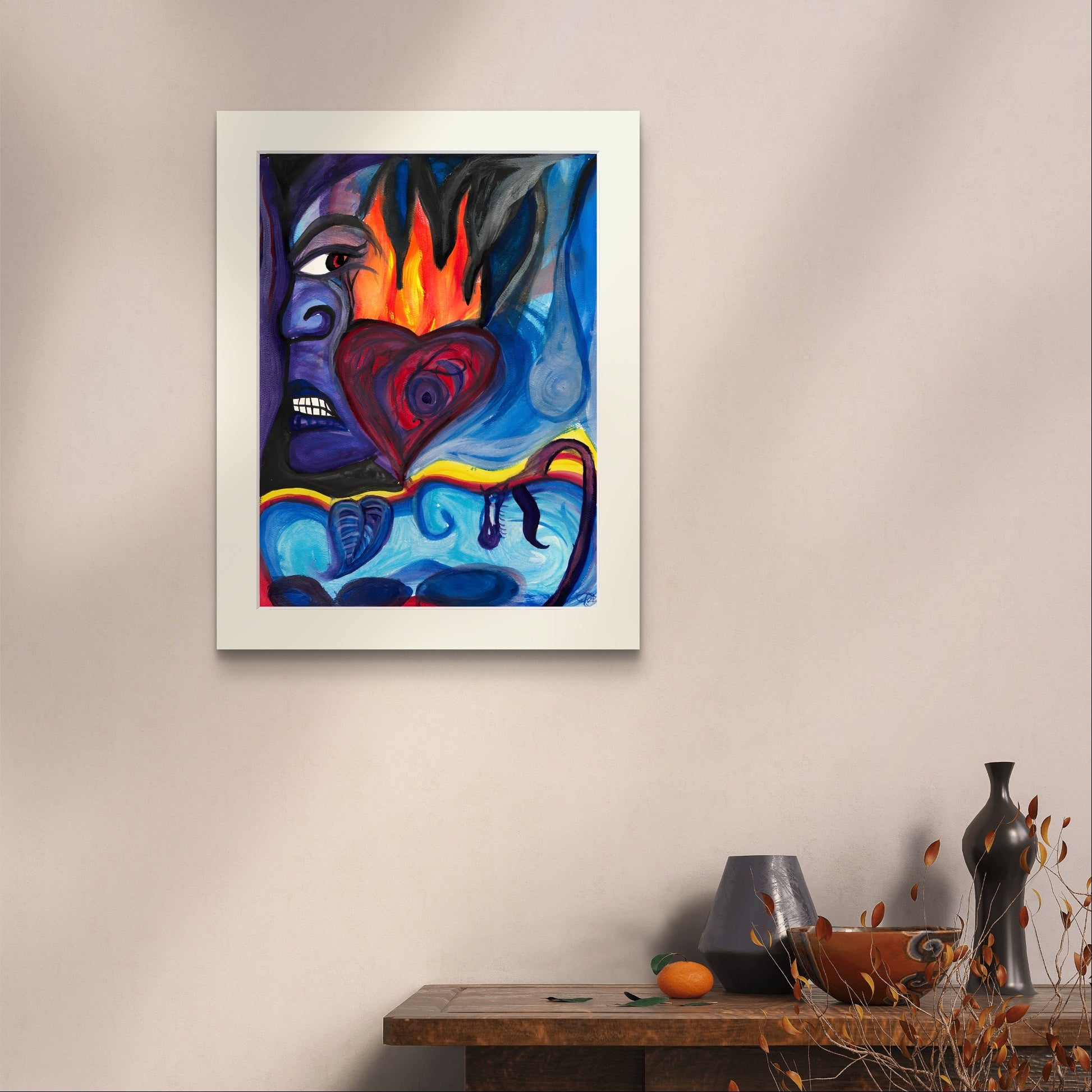 White border blue painting on white wall above wooden shelf and vase.