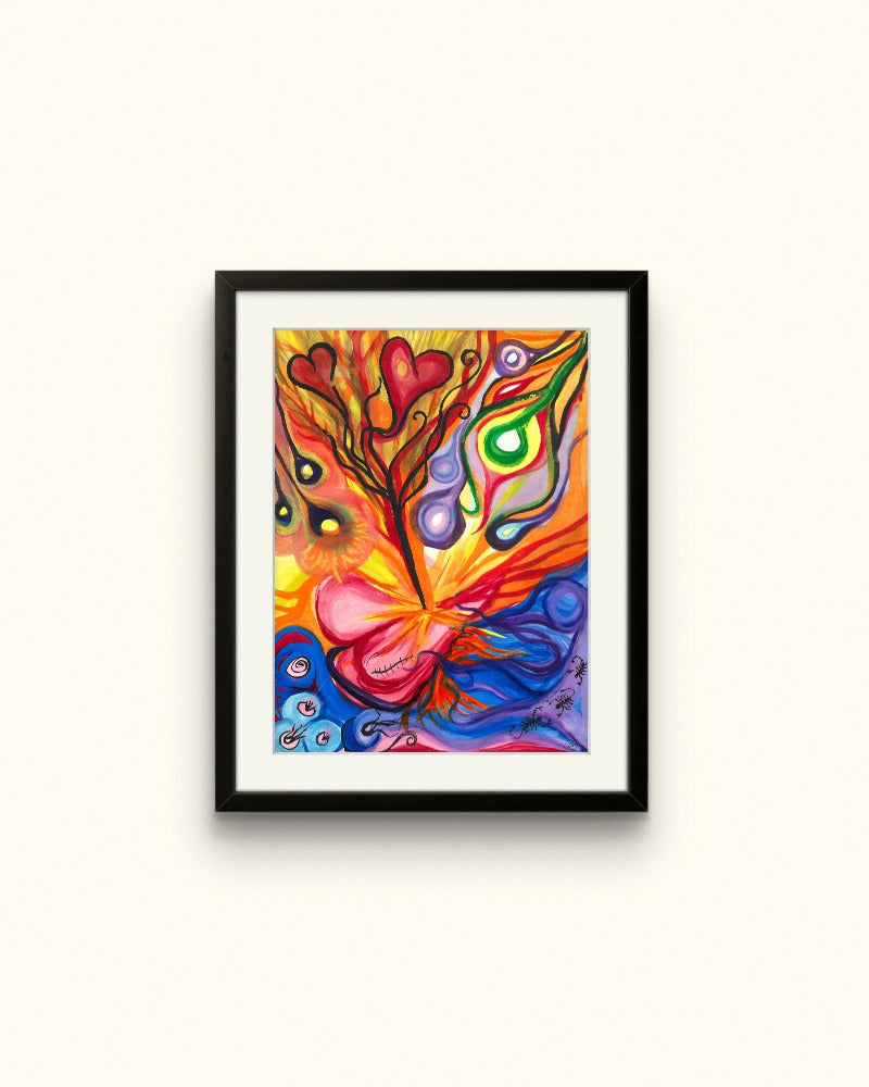 Colorful framed orb painting on beige wall.