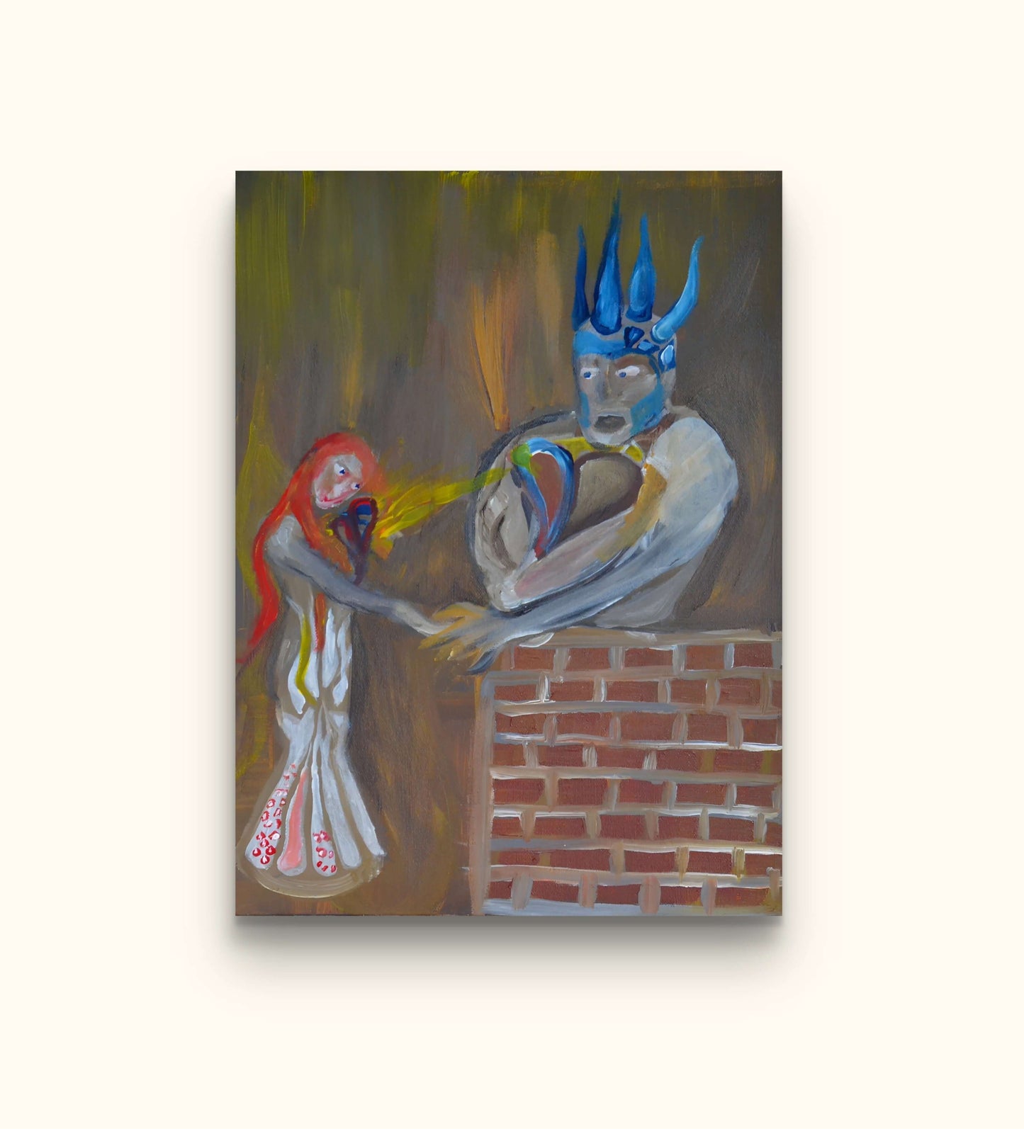 Brown painting of blue masculine and red feminine on beige wall.