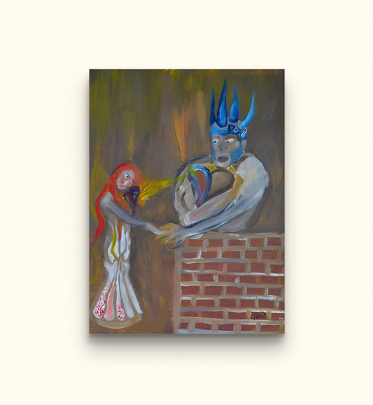 Painting of masculine and feminine as opposites on beige wall.