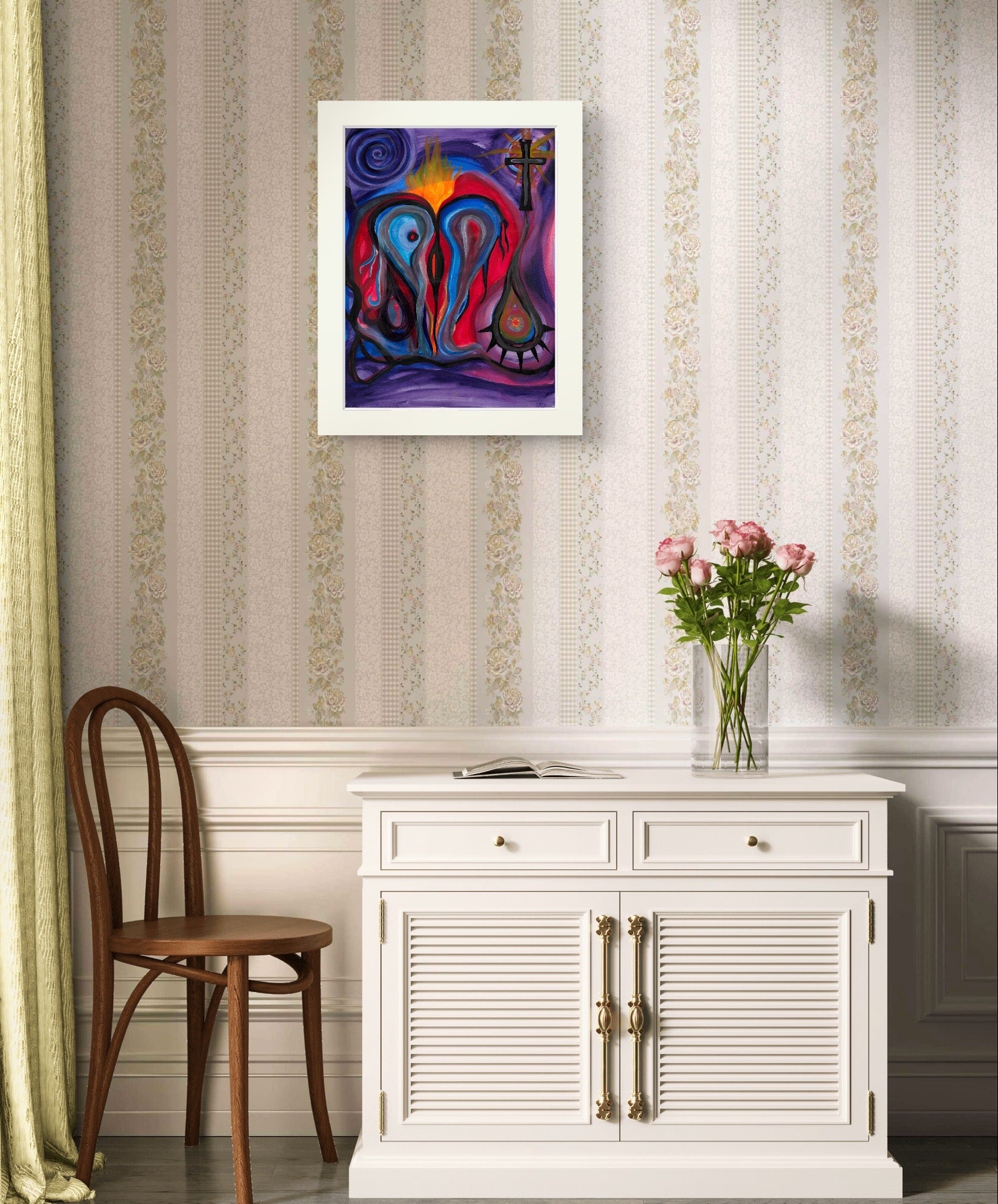 White bordered heart painting on striped wall.