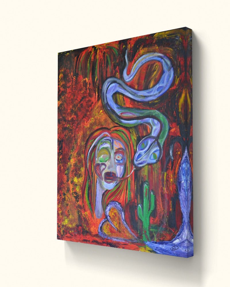 Angled view of distorted desert woman with cactus and blue snake painting