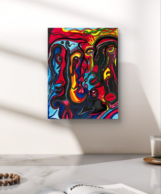 Colorful face painting on white wall above grey counter next to candle.