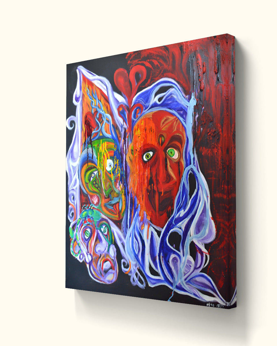 Angled view of red three faced monster painting on beige wall.