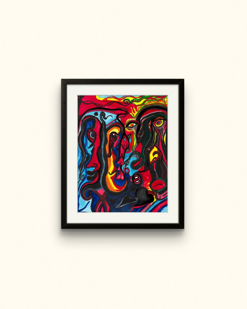 Black framed colorful face painting on beige wall.