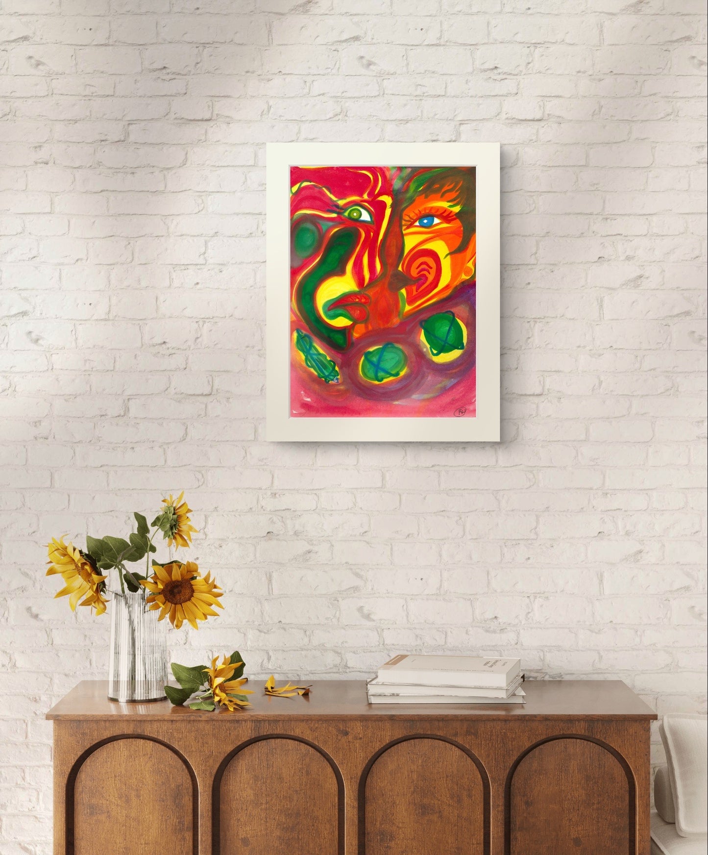 Painting of man and woman on white brick wall above wooden dresser.