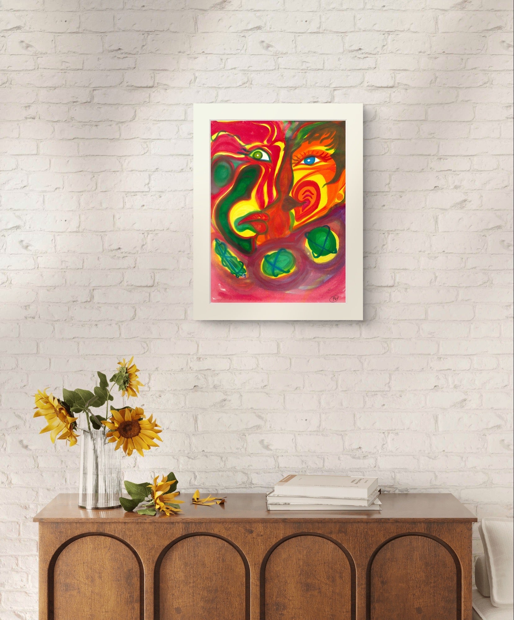 Painting of man and woman on white brick wall above wooden dresser.