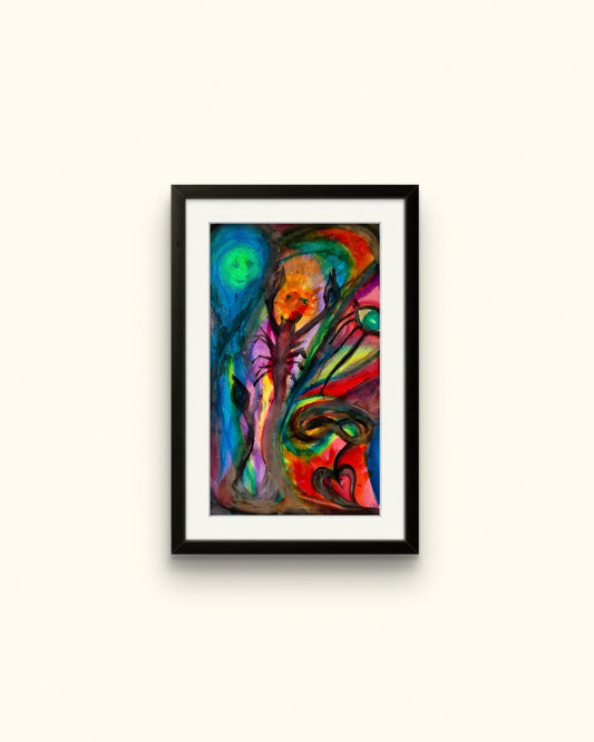 Black framed scorpion painting on beige wall.